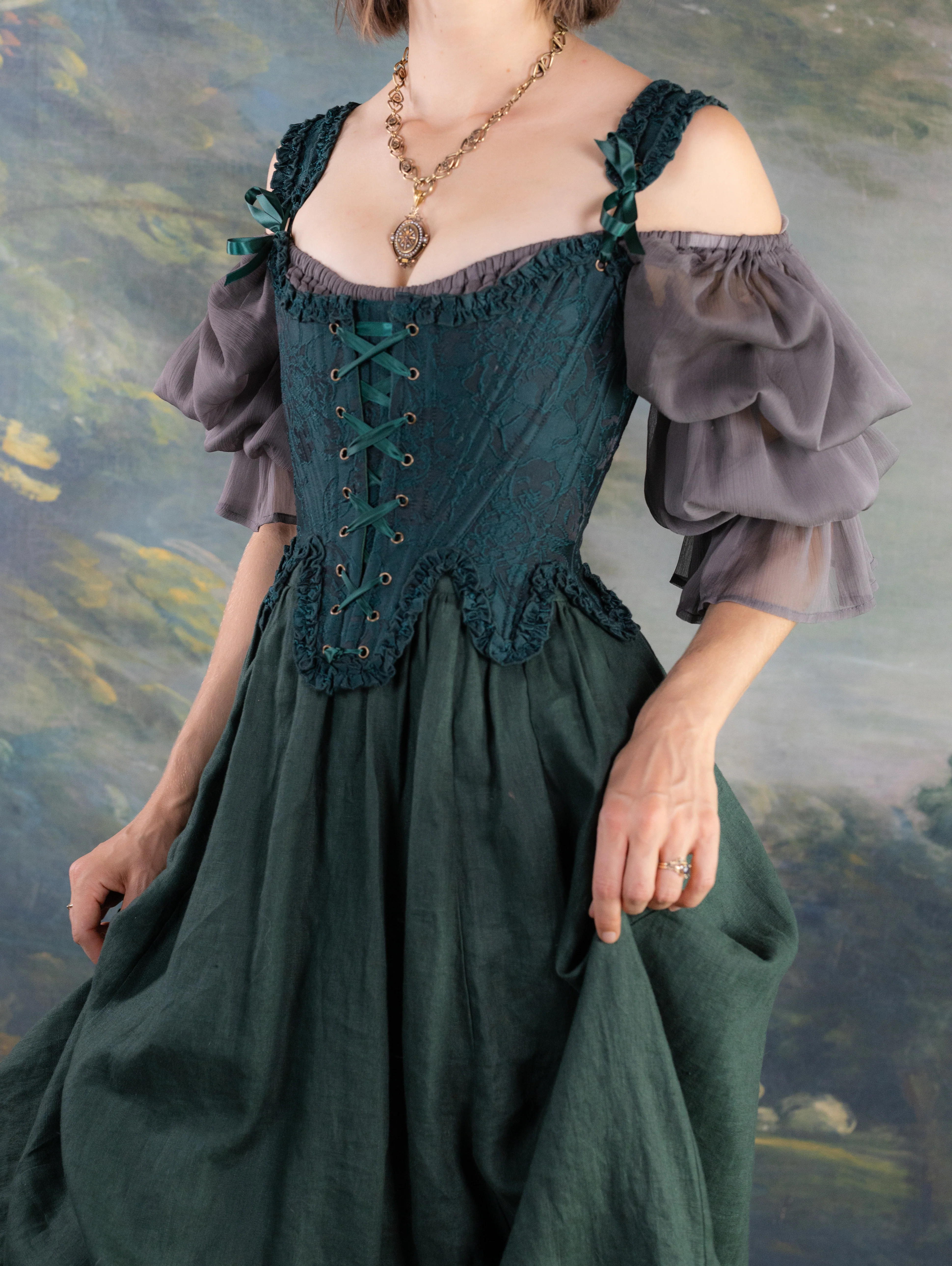 Dark Green Floral Jacquard 18th Century Stays - Image 7